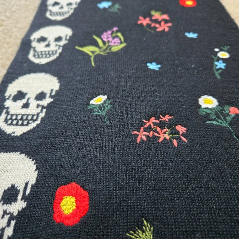 Skull Cashmere Embroidered Wool/Cashmere Scarf Skulls and Flowers